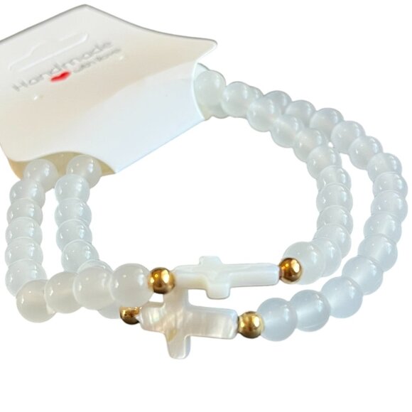 Charmze Stackable Stretch Bracelet Set Faith Glass White Beaded NEW - Picture 1 of 2